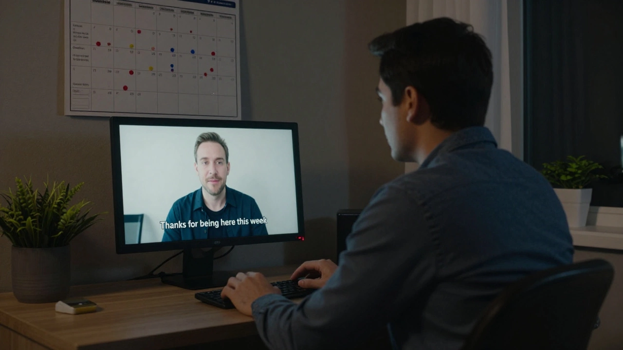 Person recording a weekly video update in a quiet, softly lit room at night.